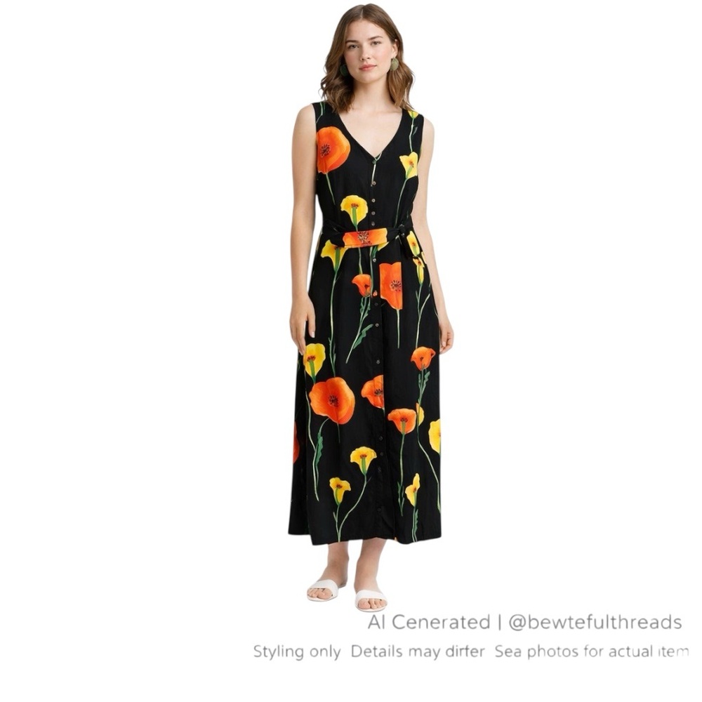Vintage Floral Rayon Maxi Dress Arvanti Button Front Tie Waist XL/L